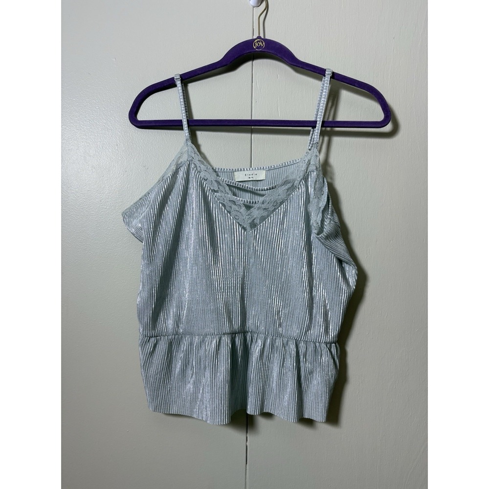 Elodie XL Silver Metallic Pleated Cami Top Lace Trim Babydoll Y2K Fairycore